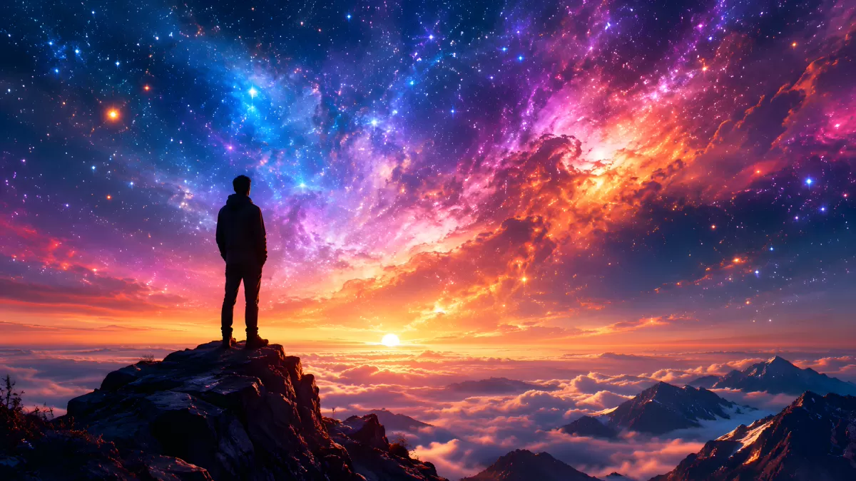 Silhouette auf Berggipfel unter leuchtendem Sternenhimmel