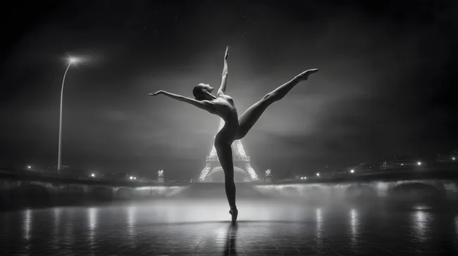 Silhouette der Ballerina vor Eiffelturm in Paris