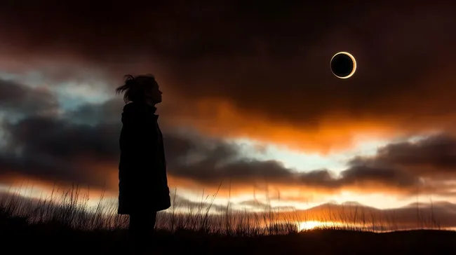 Silhouette einer Frau bei Sonnenfinsternis am Horizont