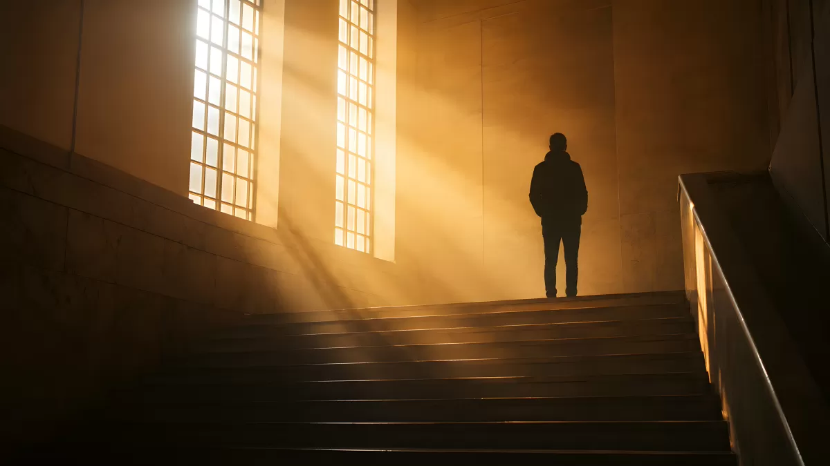 Silhouette eines Mannes auf Treppe im Gegenlicht