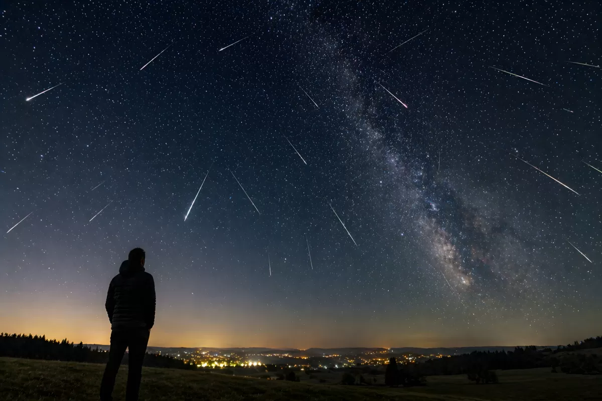 Silhouette eines Mannes beim Beobachten eines Meteorschauers