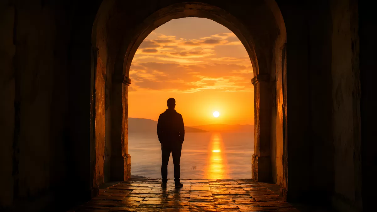 Silhouette eines Mannes im Torbogen beim Sonnenuntergang