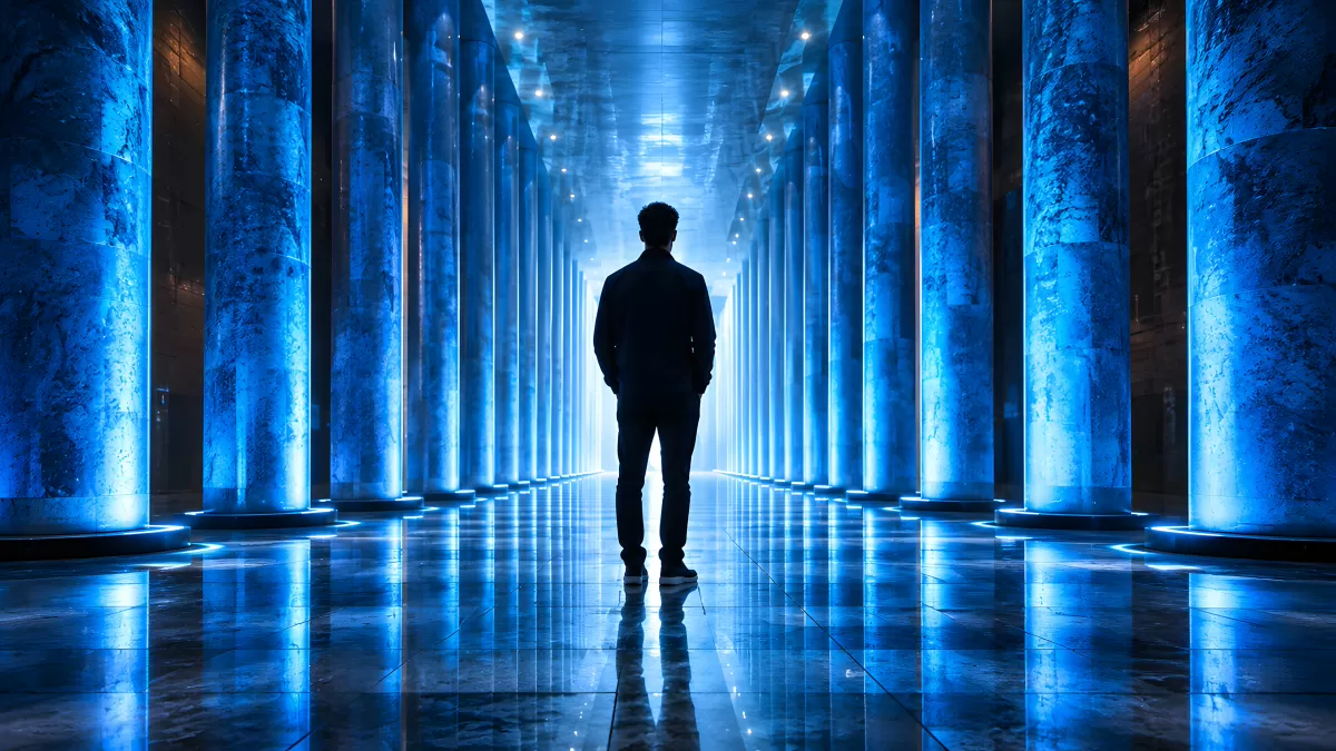 Silhouette eines Mannes in blau beleuchtetem Säulengang