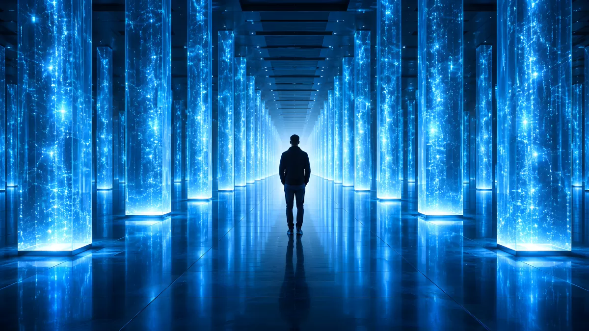 Silhouette eines Mannes in futuristischem Datenkorridor