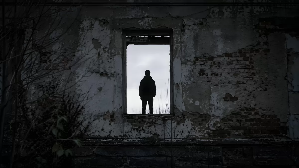 Silhouette eines Mannes in verfallener Ruine