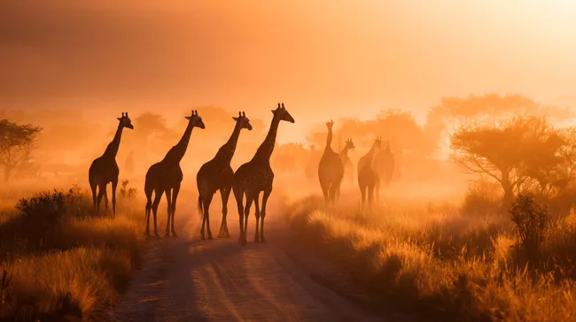 Silhouetten einer Giraffenherde bei Sonnenaufgang