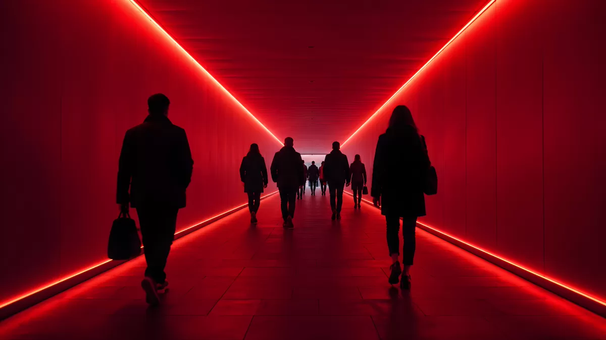 Silhouetten im roten Lichttunnel – moderne Architektur