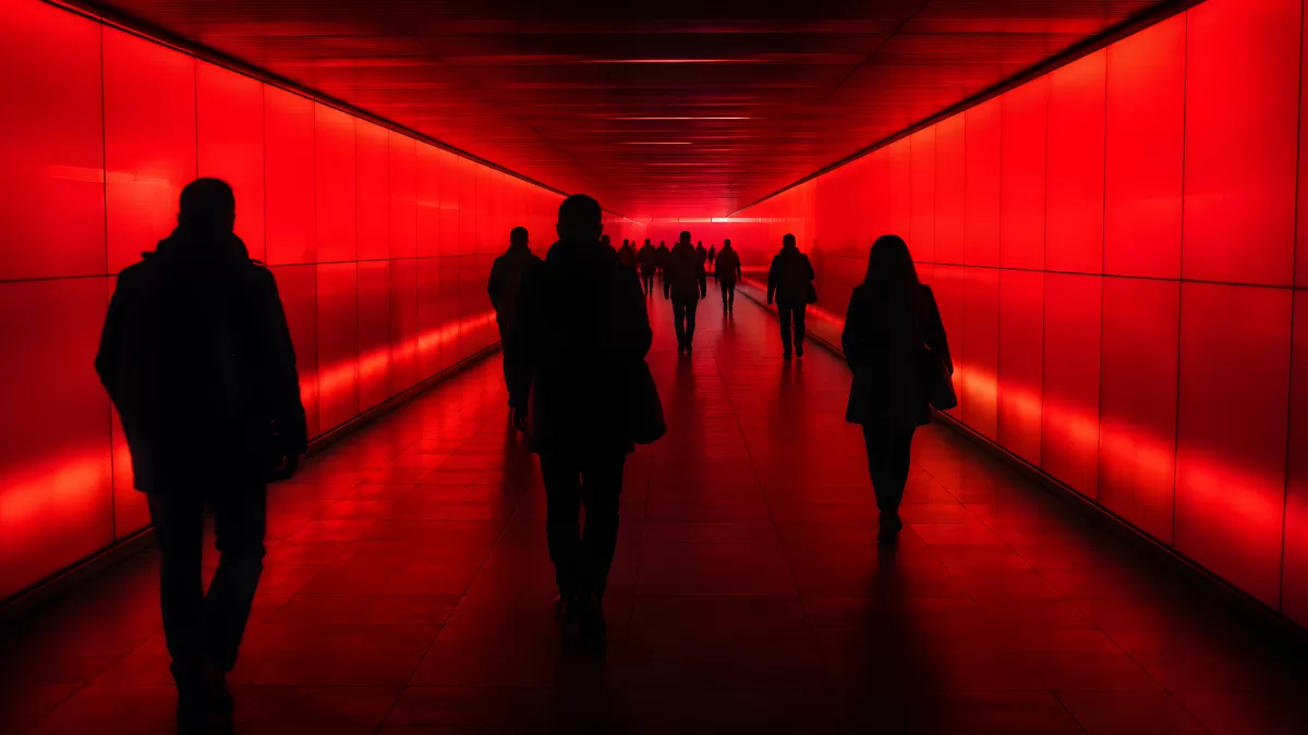 Silhouetten in rotem Tunnelgang mit Tiefenwirkung