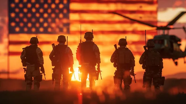 Silhouetten von Soldaten vor amerikanischer Flagge bei Sonnenuntergang