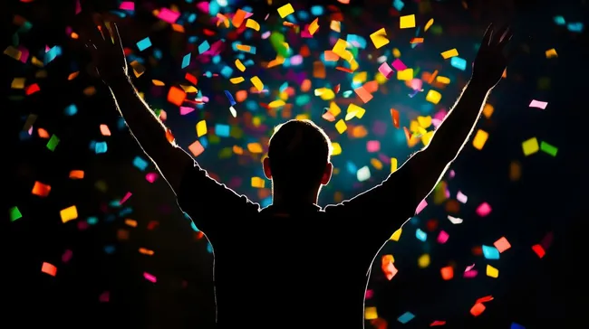 Silhouettierte Gestalt mit ausgestreckten Armen vor buntem Konfetti-Hintergrund
