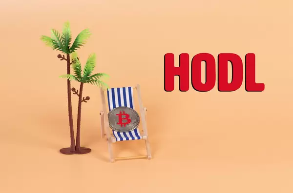 Silver Bitcoin coin lying in a deck chair with HODL text