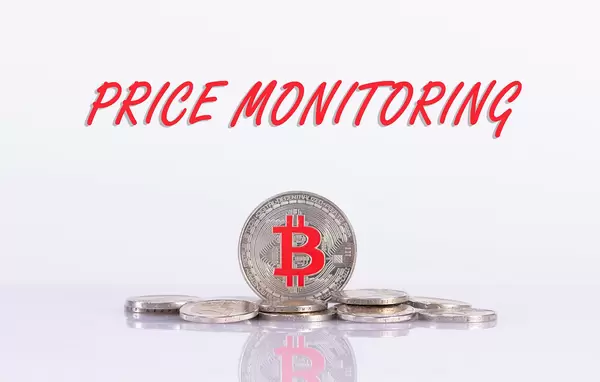 Silver Bitcoin coin with Price Monitorin text on white background