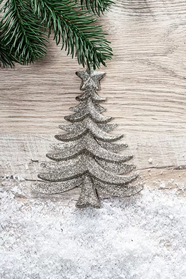 Silver Christmas tree with snow on a wooden background (Flip 2019)