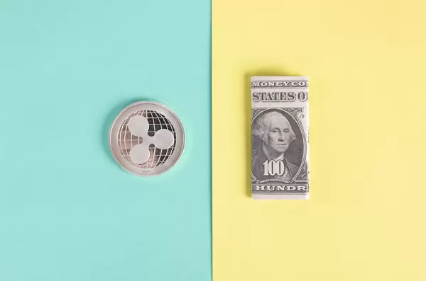 Silver Ripple coin and folded one hundred dollar banknote