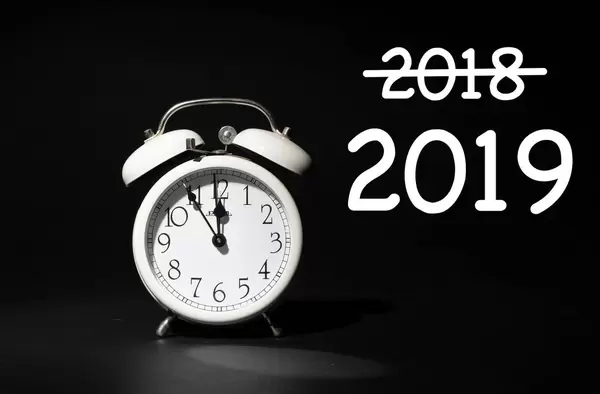 Silvester 2018 und Neujahr 2019 stehen vor der Türe, Text 2019 mit Wecker auf fünf vor zwölf