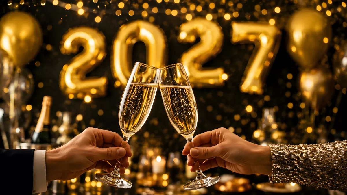 Silvester 2027 Anstoßen mit Champagner und Goldballons