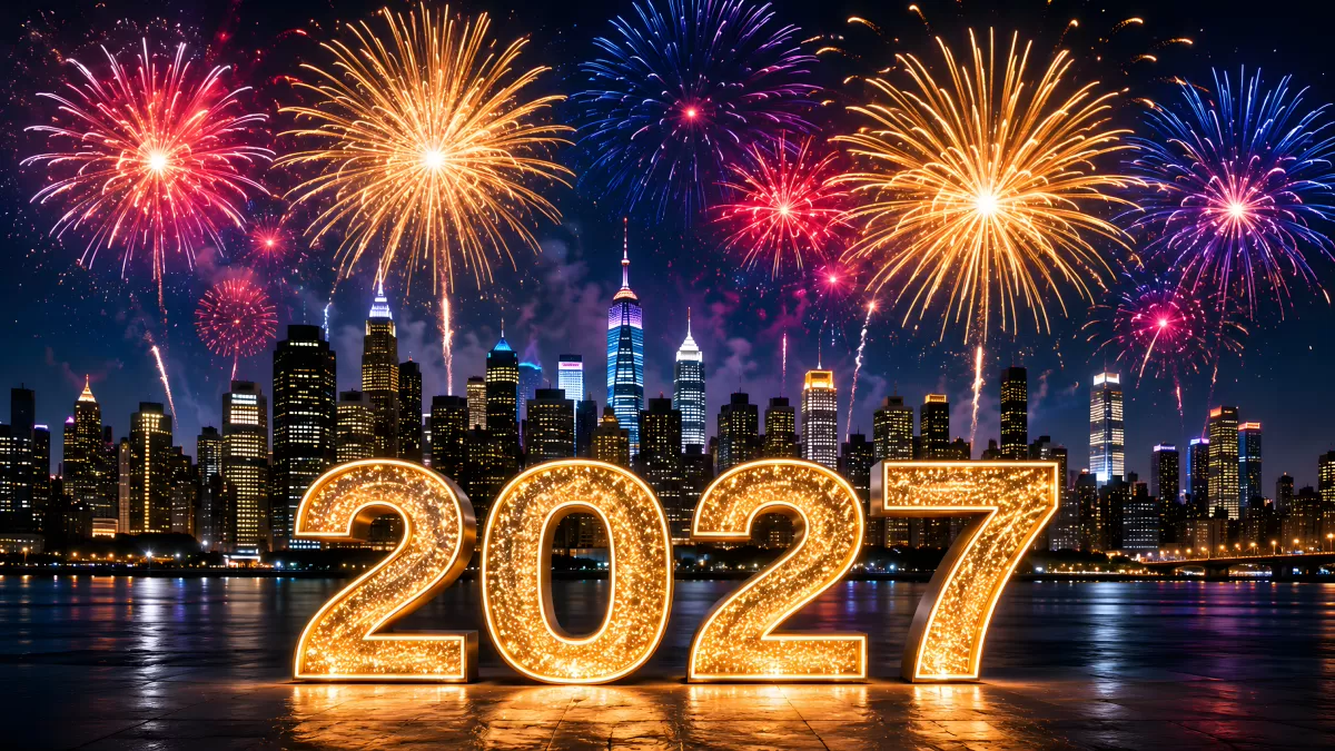 Silvester 2027 Feuerwerk über beleuchteter Stadtsilhouette