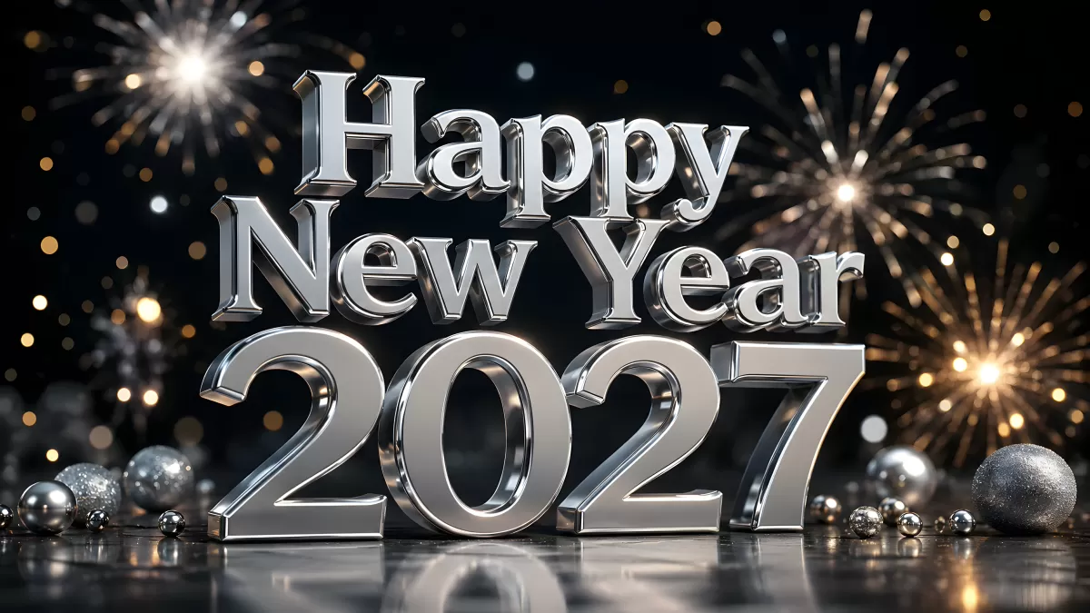 Silvester 2027 mit silbernen 3D-Buchstaben und Feuerwerk
