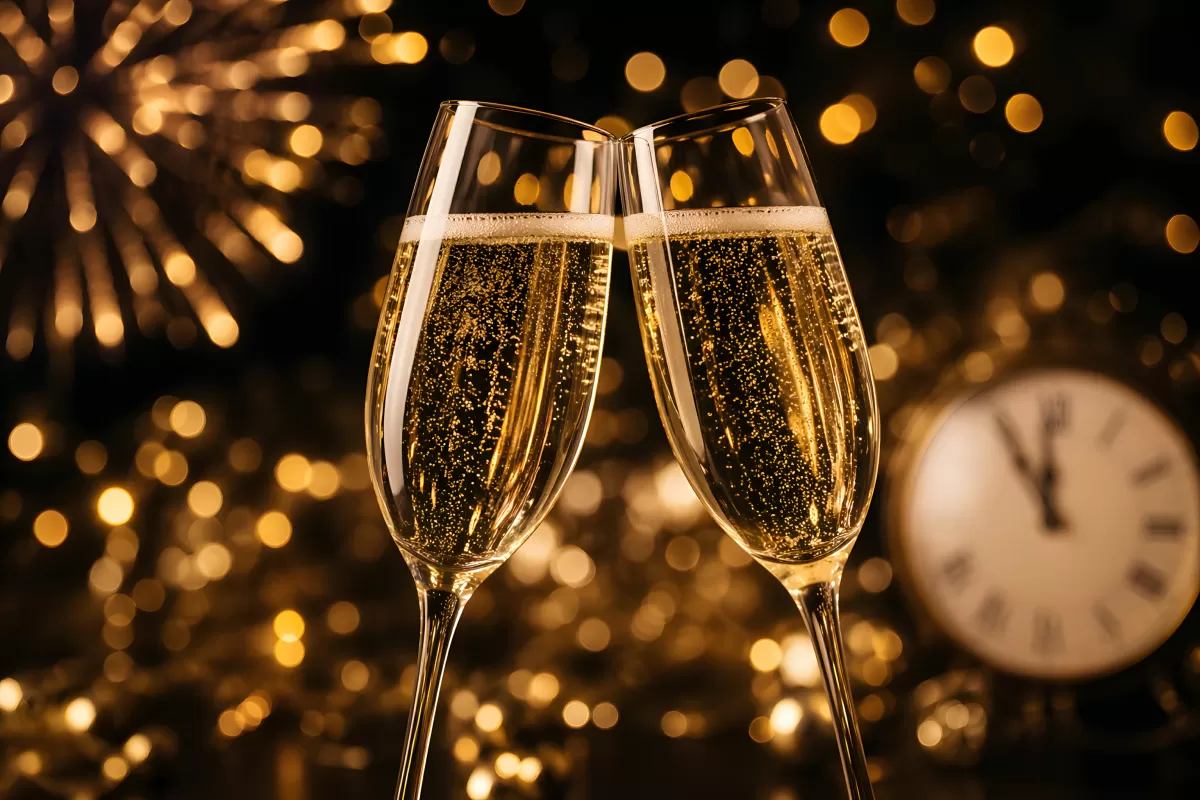 Silvester-Anstoßen mit Champagnergläsern und Feuerwerk