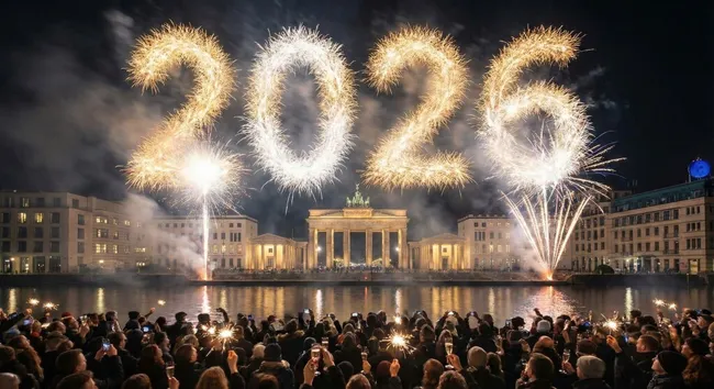 Silvester-Feuerwerke und Menschenmenge vor dem Brandenburger Tor in Berlin