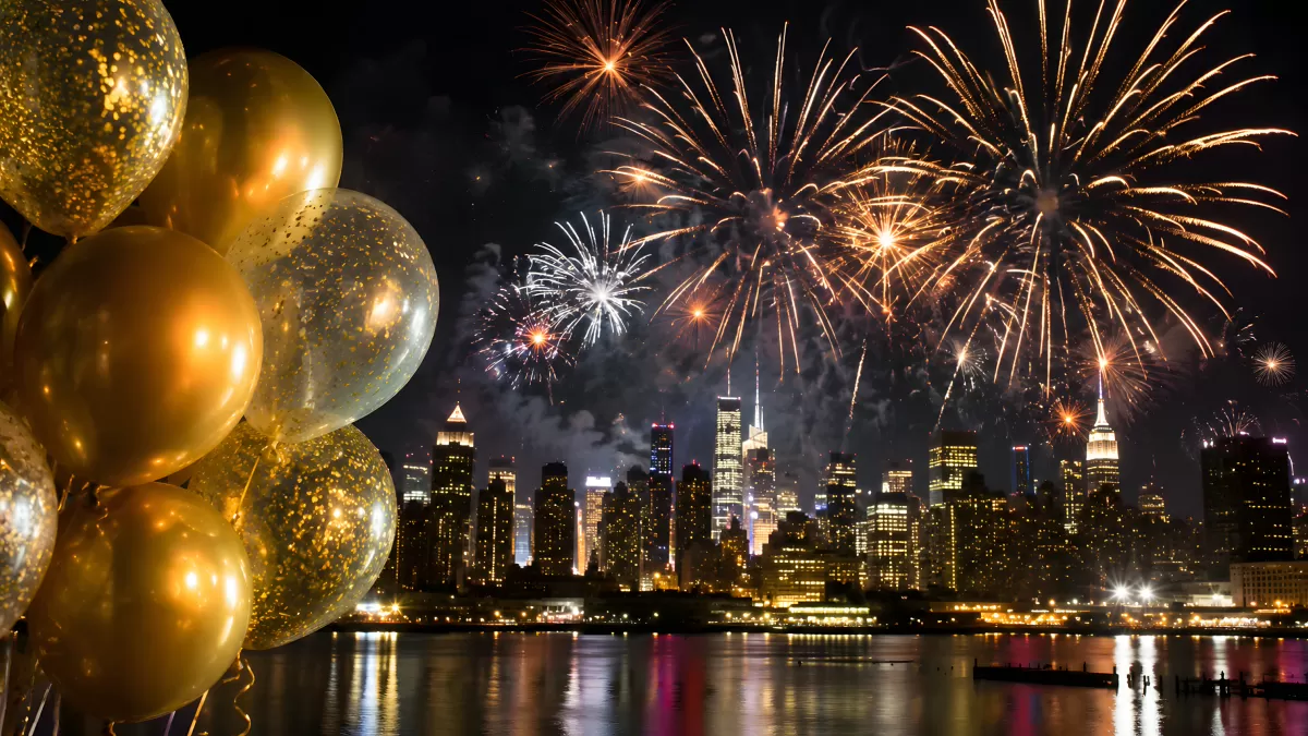 Silvesterfeuerwerk über der Skyline von New York