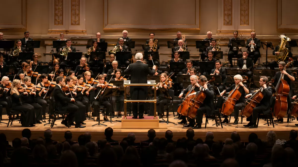 Sinfonieorchester auf großer Bühne mit Dirigent