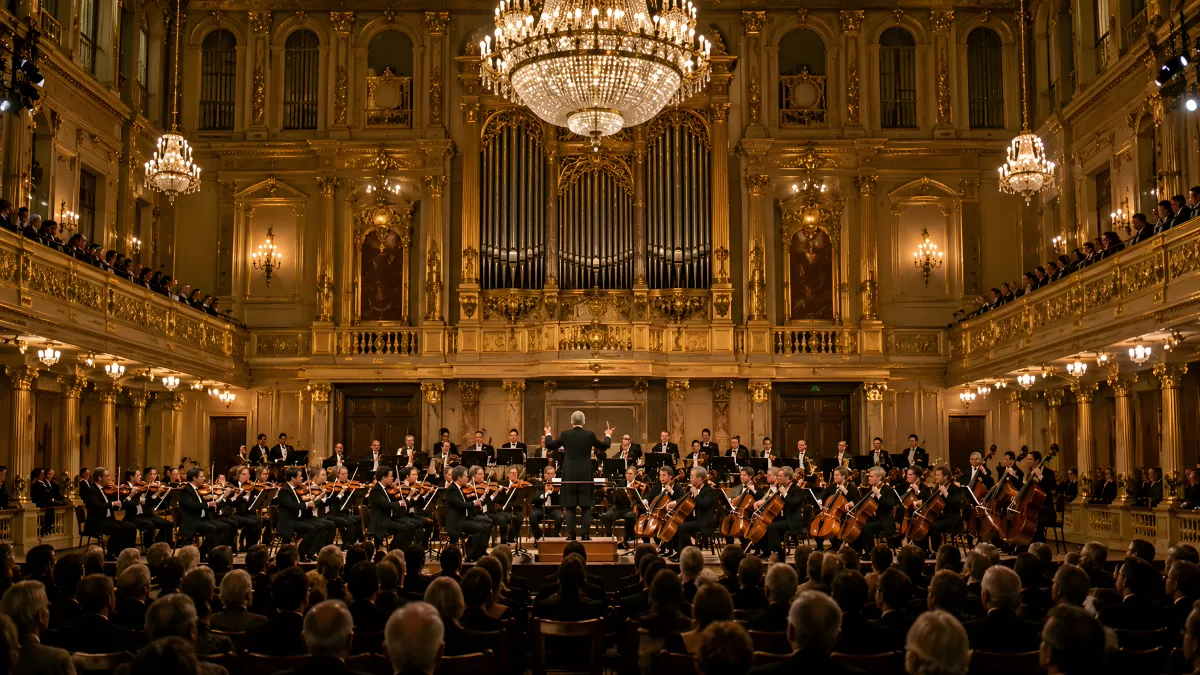 Sinfonieorchester in prachtvollem Konzertsaal bei Aufführung