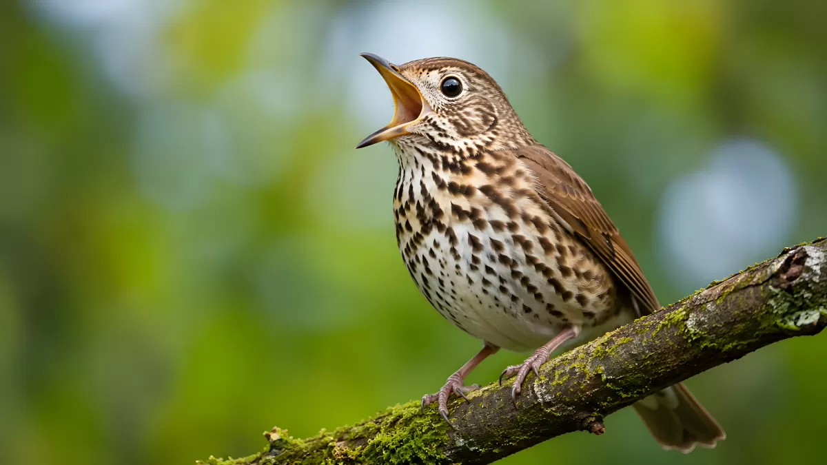 Singdrossel singt auf bemoostem Ast im Frühling