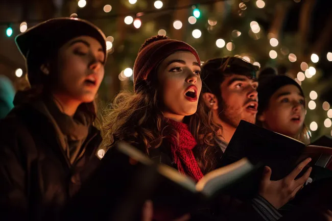 Singender Chor vor Weihnachtsbeleuchtung