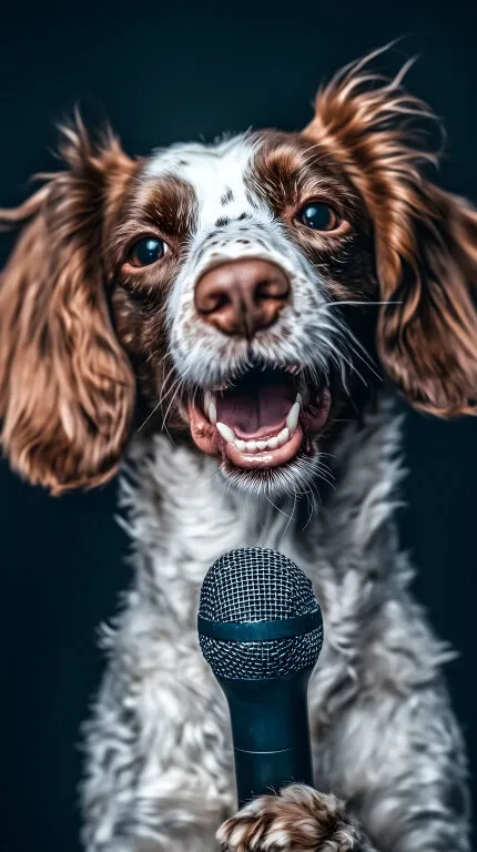 Singender Hund mit Mikrofon in seiner Pfote
