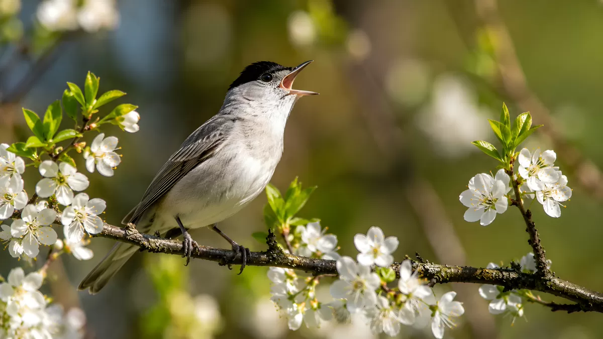 Singender Mönchsgrasmücke auf blühendem Ast im Frühling