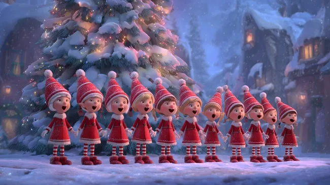 Singender Weihnachtskinder-Chor im winterlichen Wald