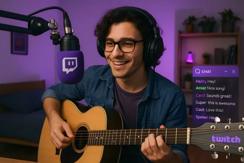 Singing guitar streamer with microphone on Twitch