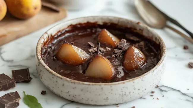 Sinnliche Schokoladendessert mit karamellisierten Birnen