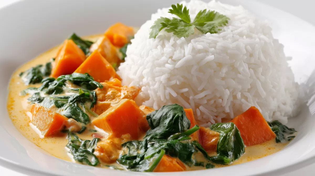 Skartoffel Curry mit Kokos und Spinat mit Reis