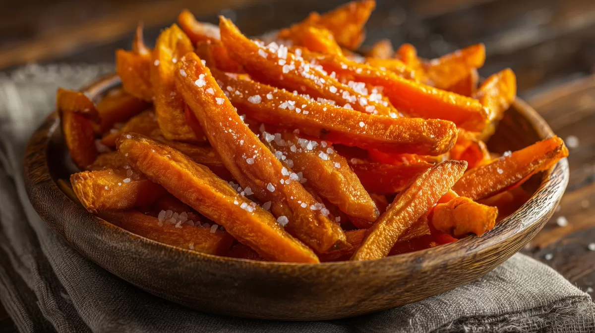 Skartoffel-Pommes mit Meersalz in Holzschüssel