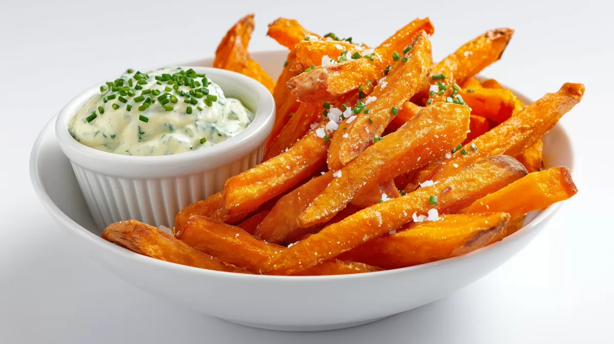 Skartoffelpommes mit Kräuterquark in weißer Schale