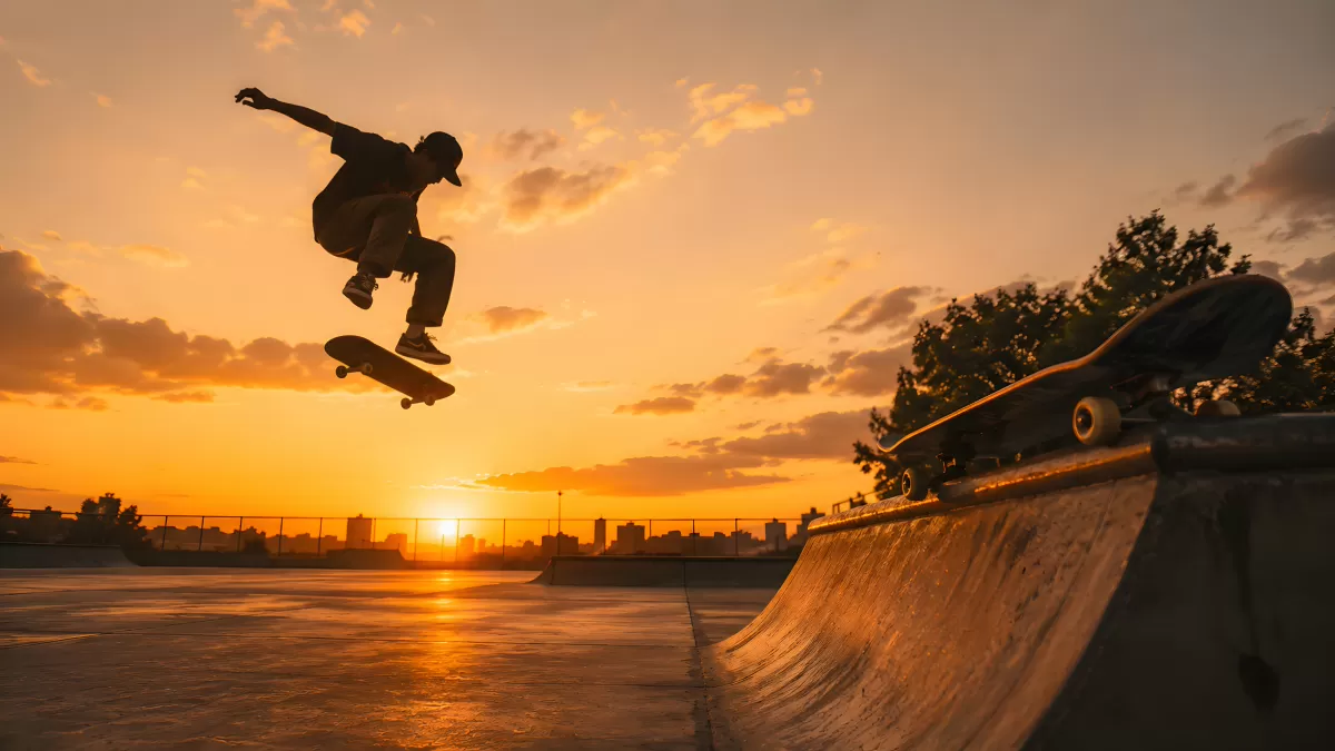 Skateboarder führt Trick bei Sonnenuntergang aus