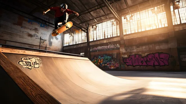 Skater führt coolen Trick in leerer Skatehalle aus