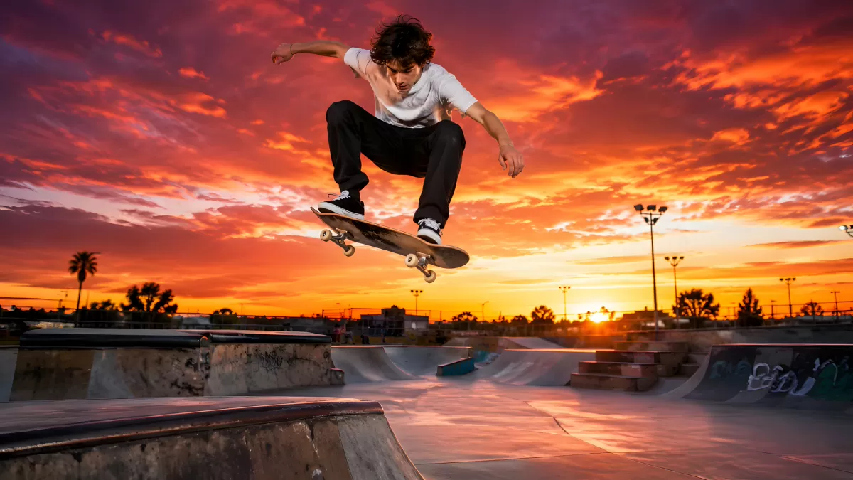 Skater führt Kickflip im Skatepark bei Sonnenuntergang aus