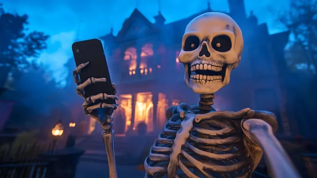 Skelett fotografiert sich vor gruseliger Kulisse an Halloween