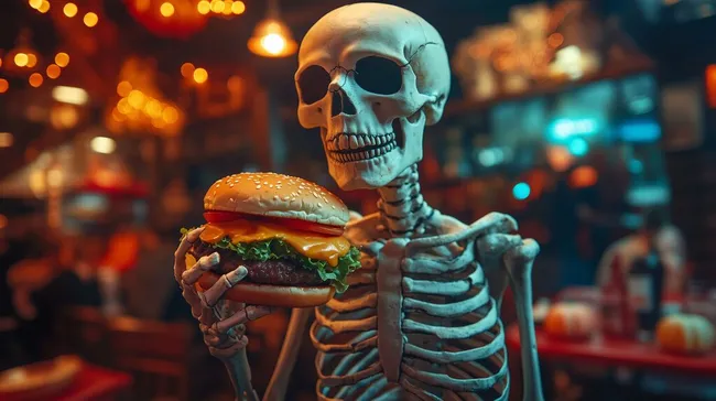Skelett hält appetitlichen Cheeseburger in mystischer Szenerie