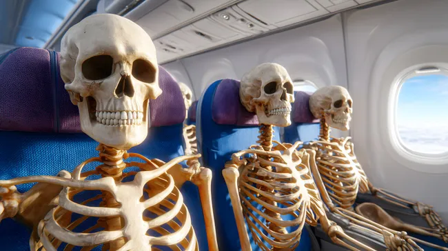 Skelette in Flugzeugsitzen - surreale Reiseillustration