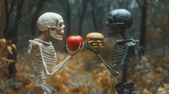 Skelette in herbstlichem Wald halten Apfel und Burger