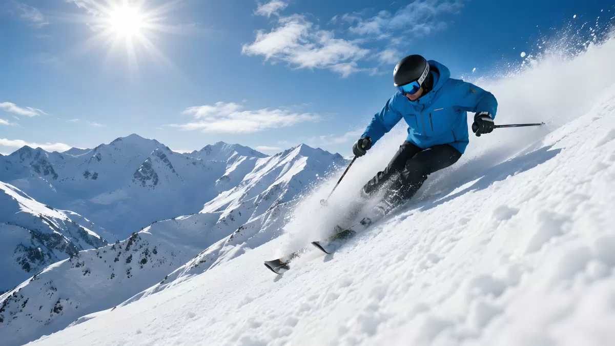 Skifahrer carvet steile Piste vor Alpenpanorama