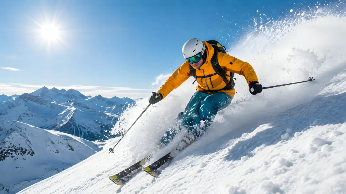 Skifahrer in orangener Jacke im Tiefschnee der Alpen