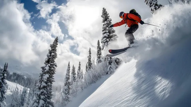 Skifahrer springt in tiefem Schnee durch die Berglandschaft