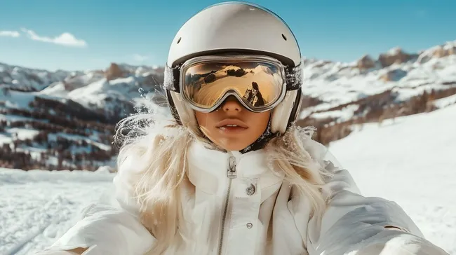 Skifahrerin in Winterlandschaft mit Schneegipfeln