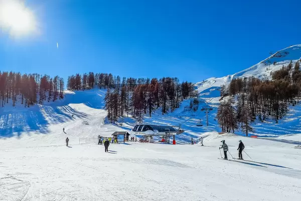 Skigebiet Vars, Frankreich im Winter mit Sessellift, Skifahrern und Tannen bei Sonnenschein