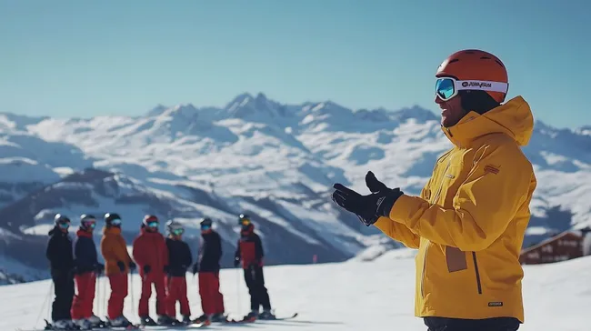 Skigruppe auf Berggipfel vor Bergpanorama